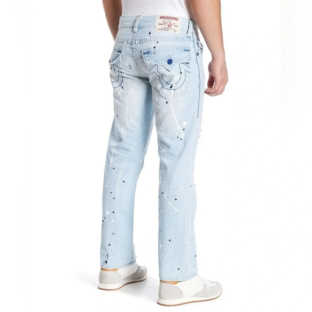 True Religion Light Blue Paint Splatter Acid Wash Straight Leg Jeans 34” x 32”